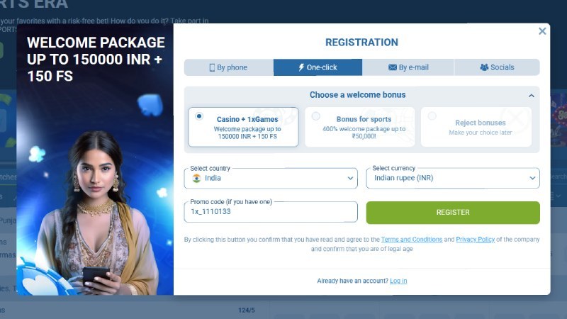 1xBet registration window showing the welcome package up to 150000 INR plus 150 free spins