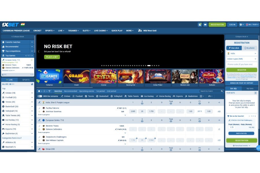 1xBet home page with the sports list and the casino shelf