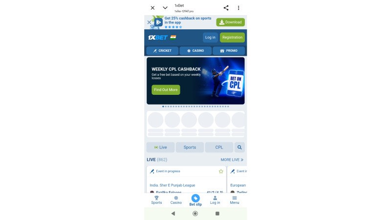 1xBet mobile site with the app download banner