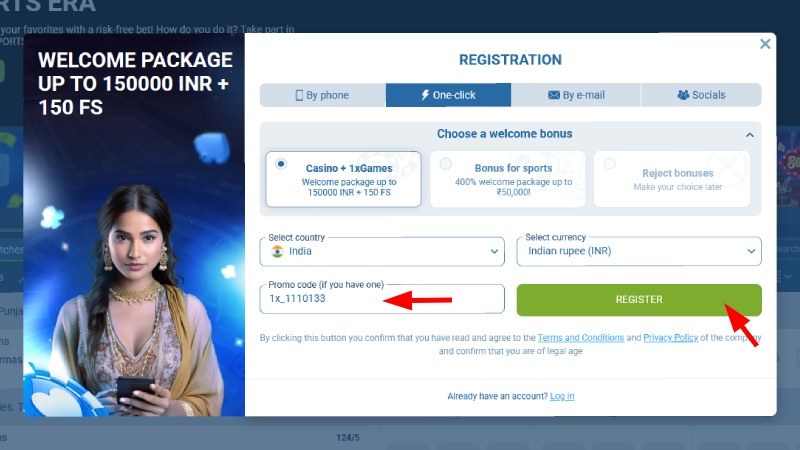 1xBet registration form with country India, currency INR and promo code 1x_1110133