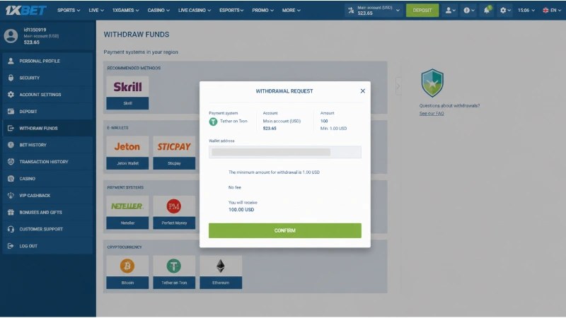 1xBet withdrawal request window with the payment system and amount