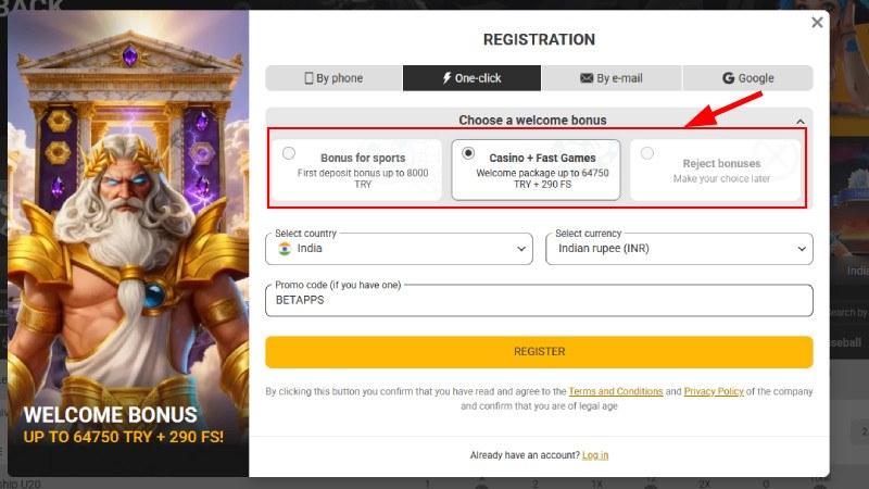 MelBet registration window with the welcome bonus choice highlighted