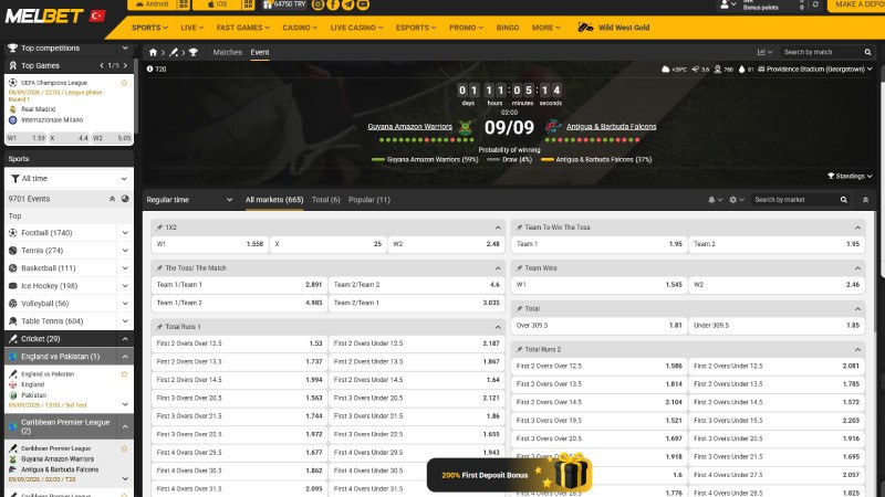 MelBet cricket section with match markets and odds