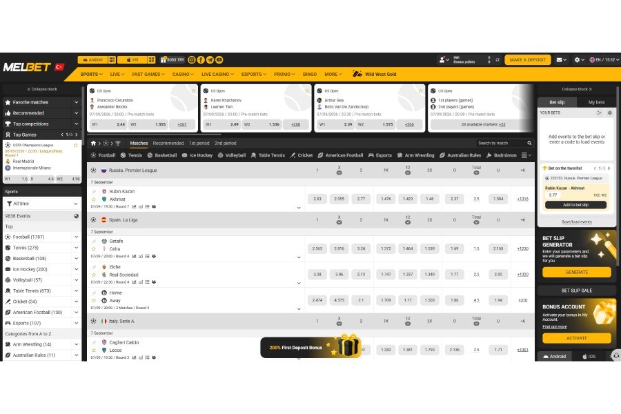 MelBet sportsbook home page with the live event list