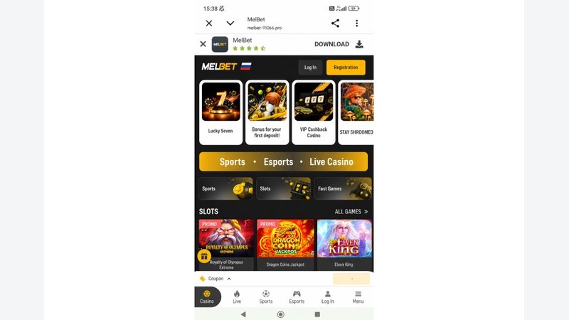 MelBet mobile site with the app download button