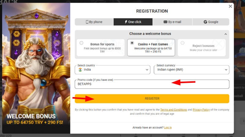 MelBet registration form with country India, currency INR and promo code BETAPPS