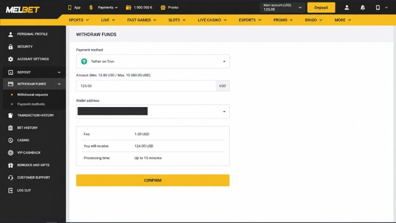 MelBet withdrawal form with the payment method, amount and processing time