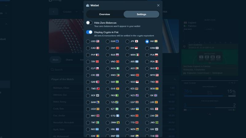 Stake wallet settings with the list of crypto currencies