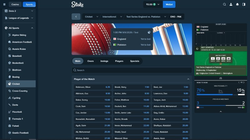 Stake sportsbook cricket page with a live match card and markets