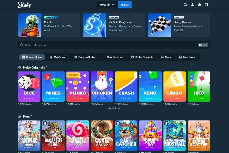 Stake lobby after login: Stake Originals on the top row, slots below