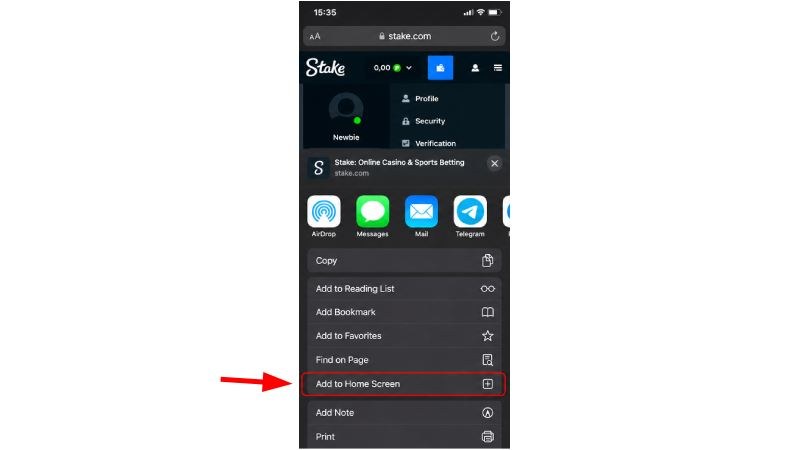 Safari share sheet on iPhone with Add to Home Screen highlighted on stake.com