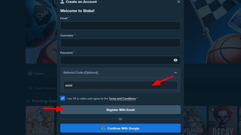 Stake registration form with the referral code field unfolded and XAND entered