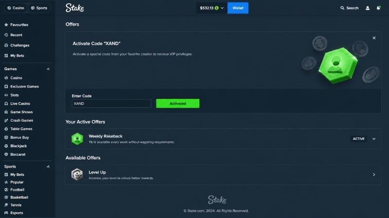 Stake account page with the active offers and the balance
