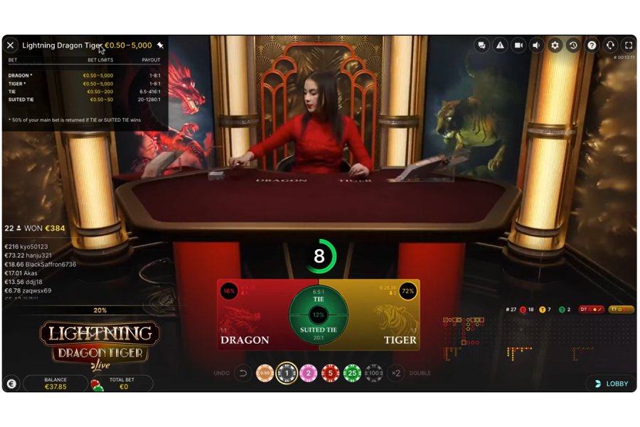 Live Dragon Tiger table by Evolution with the dealer, the Dragon and Tiger positions, the betting grid and the bet limits panel