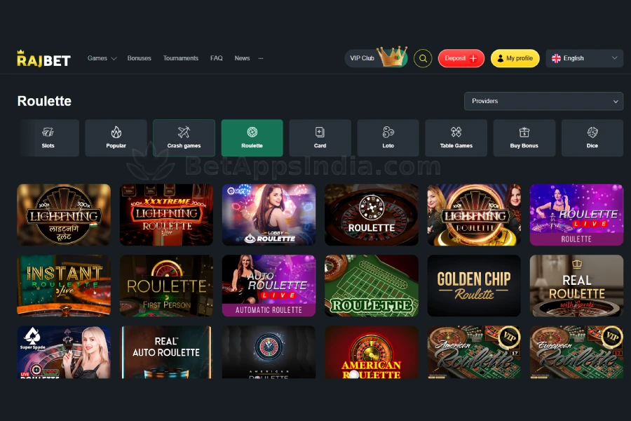 RajBet casino section filtered to roulette tables