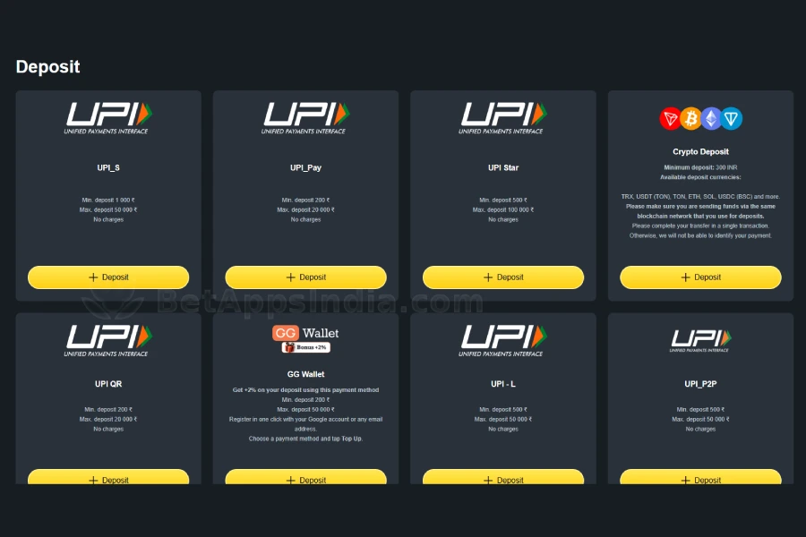 RajBet deposit page with UPI and crypto options