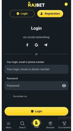 RajBet login screen in the Android app with login, password and social sign-in