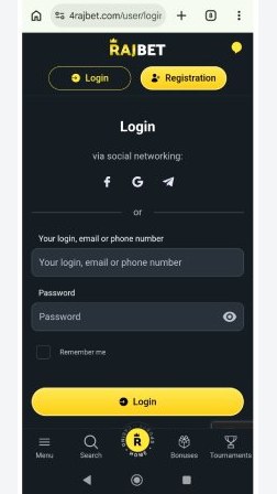RajBet login form in a mobile browser, opened on the operator's current mirror domain