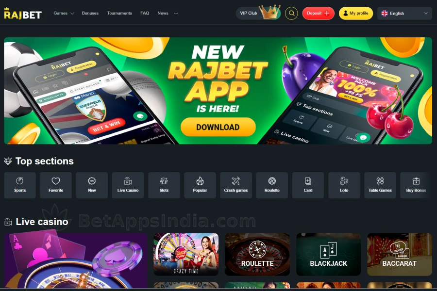 RajBet homepage with top sections and the live casino row