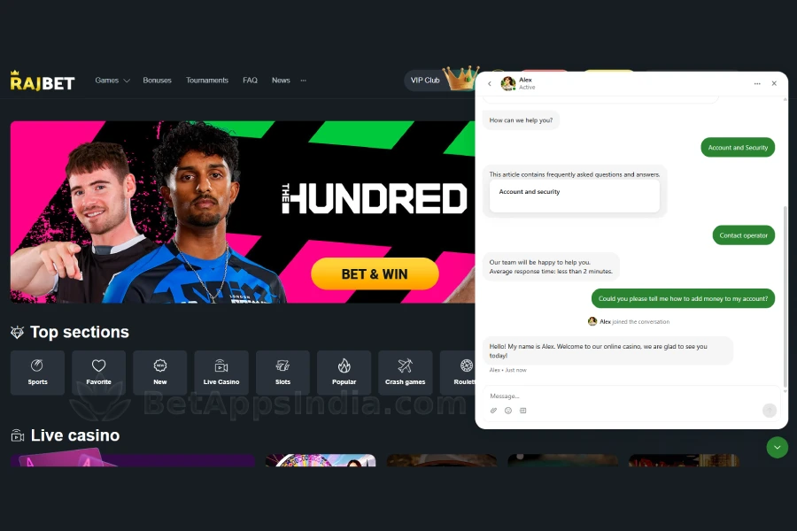 RajBet live chat window with an operator reply
