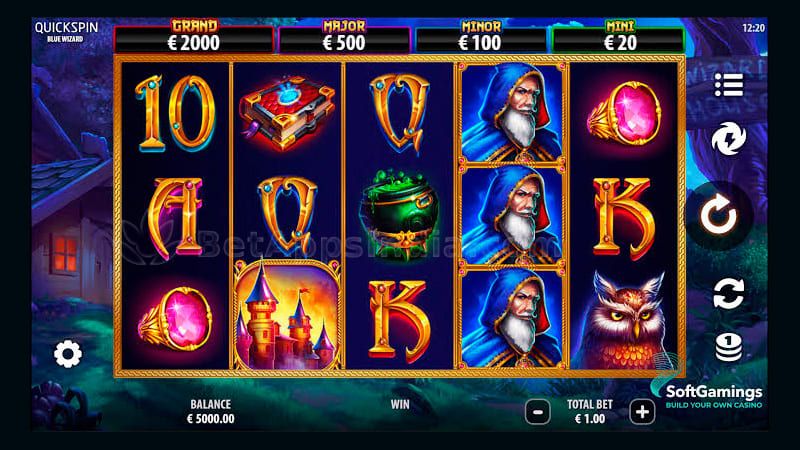 Blue Wizard base game with five reels and three rows