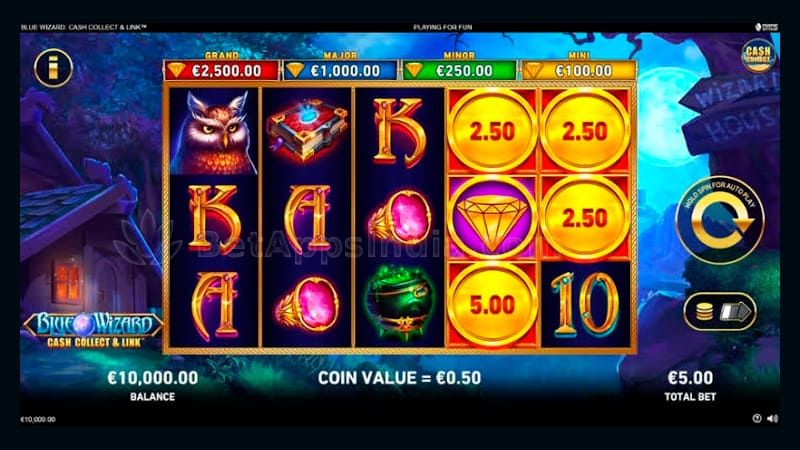 Blue Wizard jackpot tiers above the reels with cash symbols in play