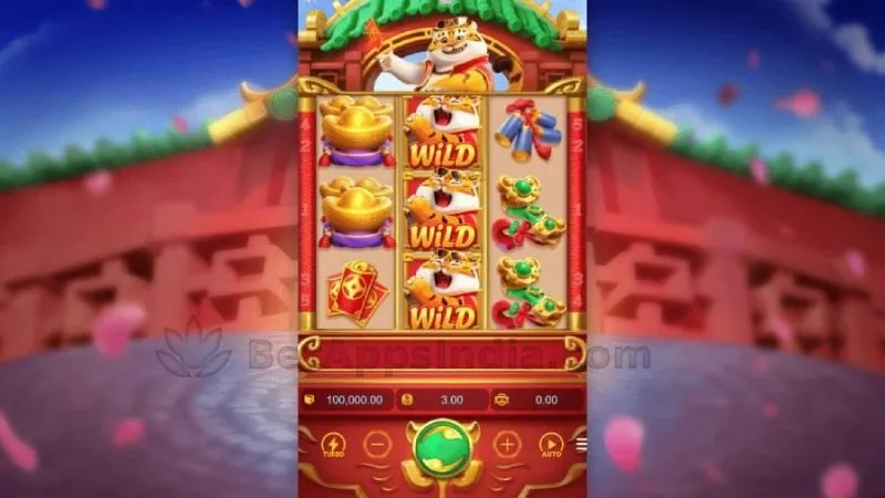 Fortune Tiger slot: stacked wild symbols on the middle reel of the three by three grid