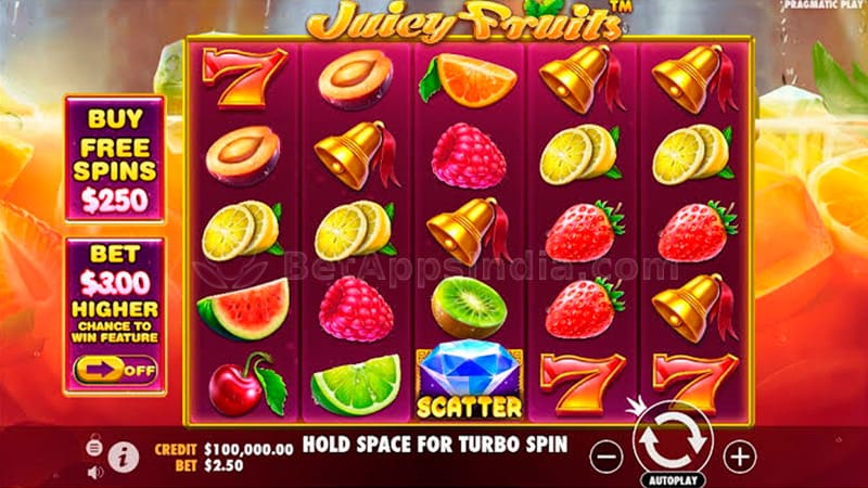 Juicy Fruits base game with the five by five grid of fruit symbols