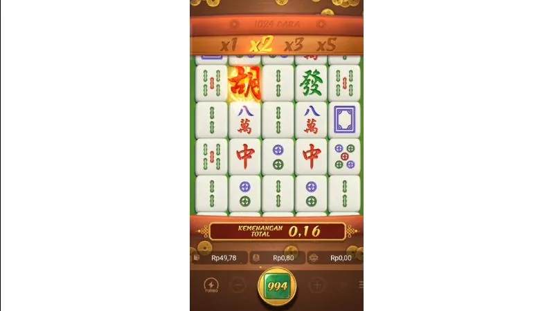 Mahjong Ways slot: the tile grid mid-cascade with the multiplier meter lit