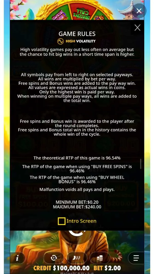 Game rules panel showing the theoretical RTP and the bonus buy rates
