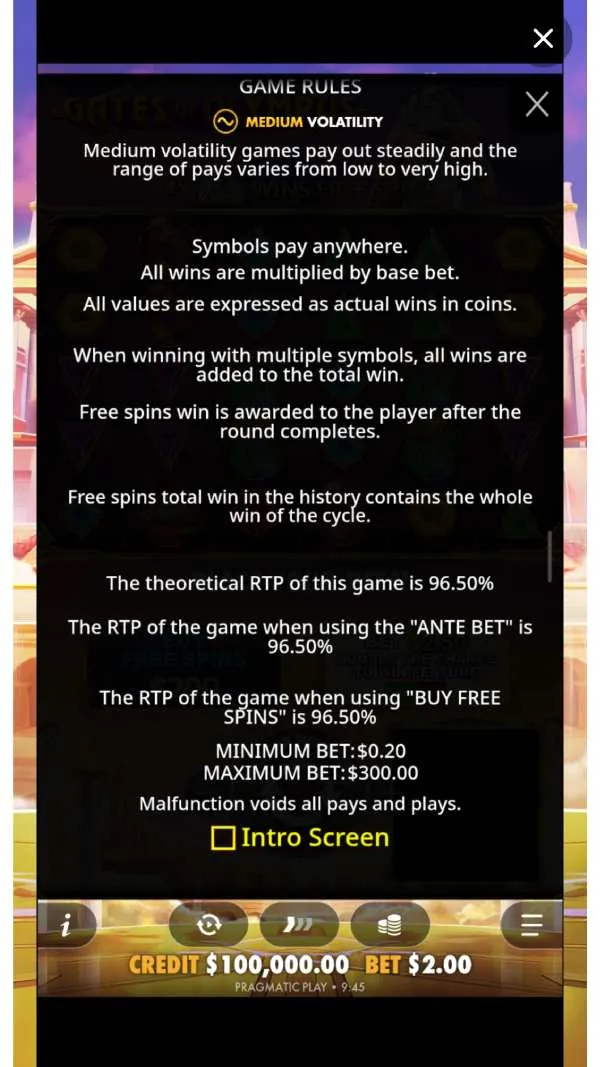 Gates of Olympus game rules panel showing a theoretical RTP of 96.50% and medium volatility
