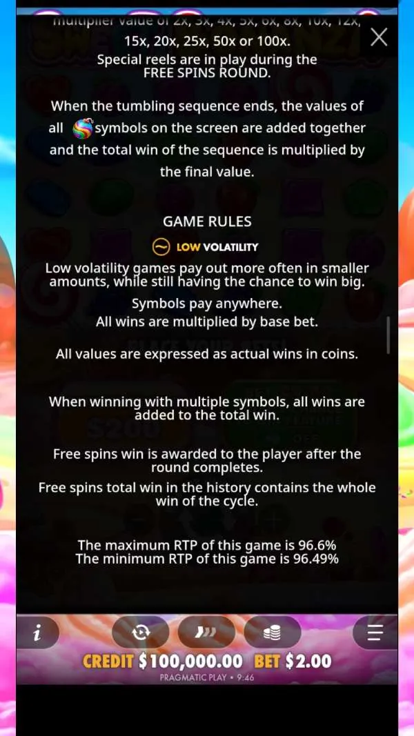 Sweet Bonanza game rules panel showing a maximum RTP of 96.6% and a minimum of 96.49%